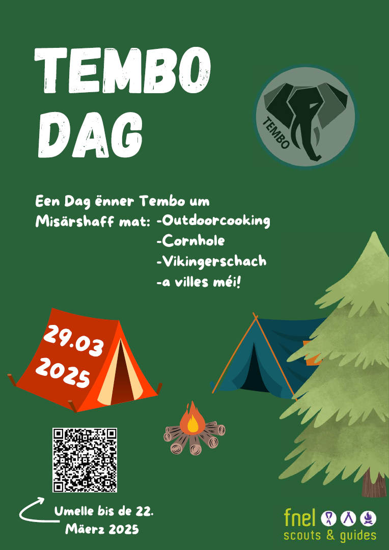 TEMBO DAG 29.03.2025 En Dag ënner Tembo um Misärshaff mat: - Outdoorcooking - Cornhole - Wikingerschach - a villes méi! Umelle bis den 22. Mäerz 2025